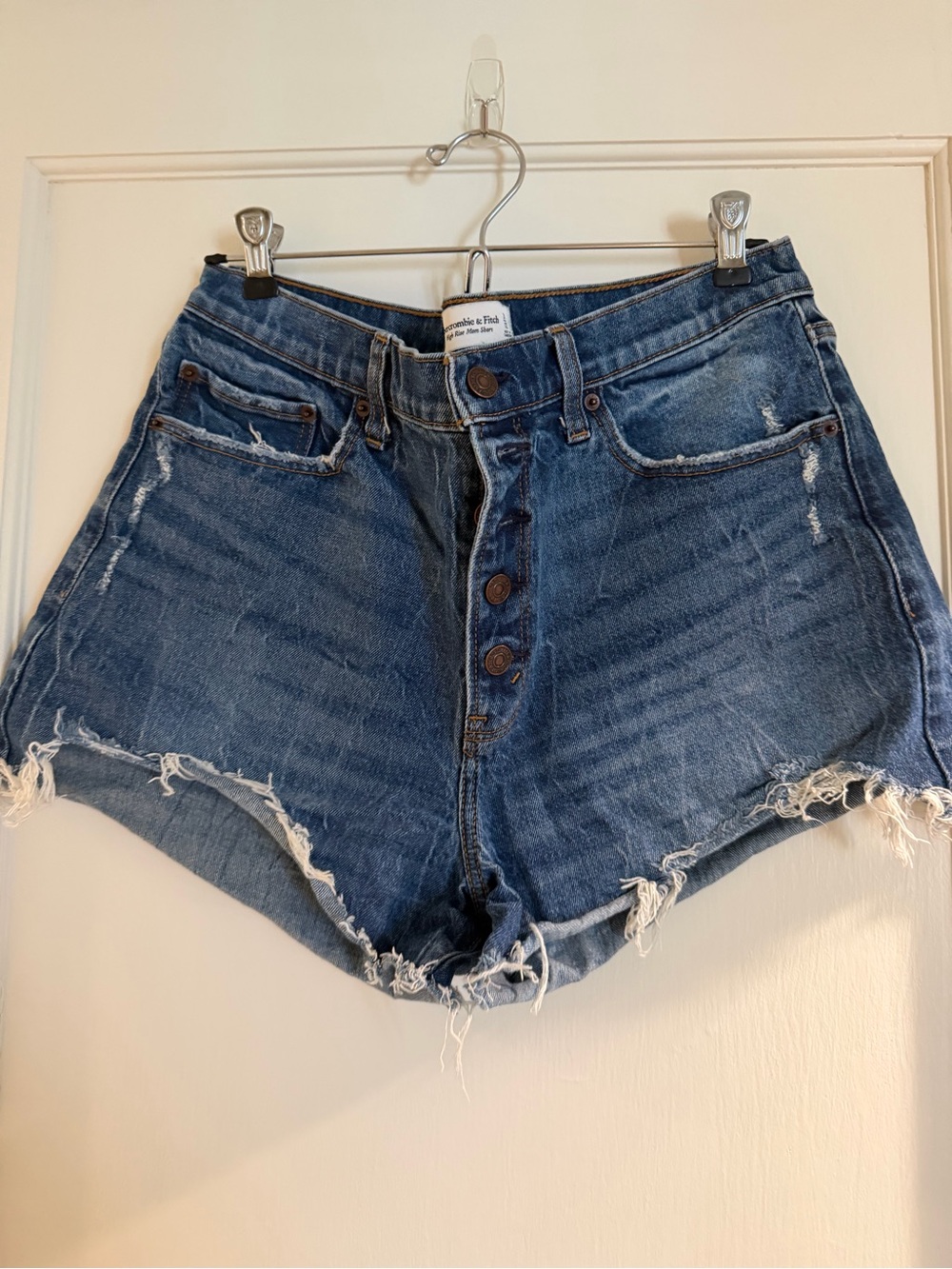 Abercrombie & Fitch Distressed High-Rise Denim Shorts - Blue